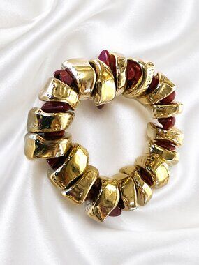 Gold Coral Bracelet Handmade Chunky Stretch Gemstone Statement Gift